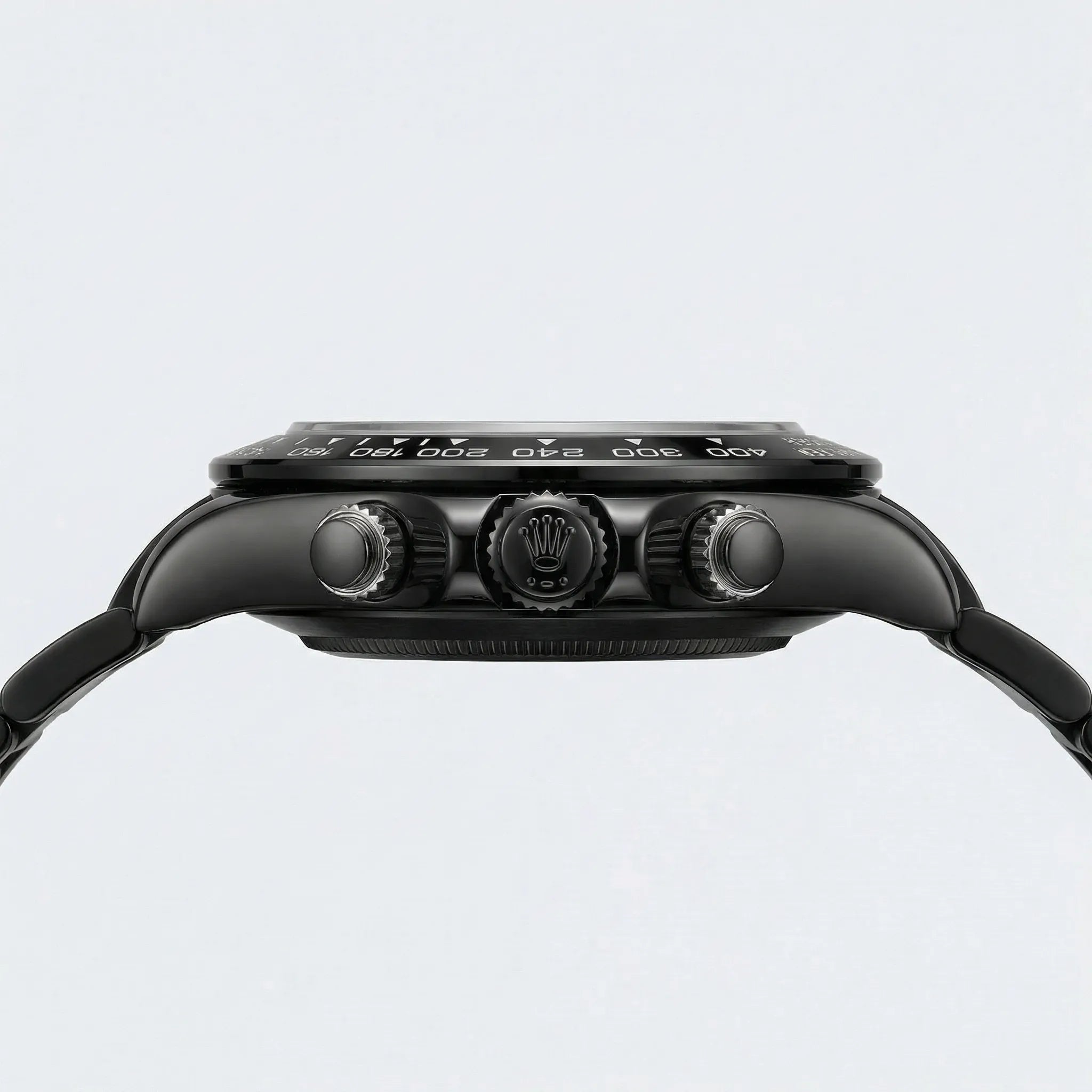 Angled presentation of a modern watch with a black Arabic dial, a sophisticated analog watch.