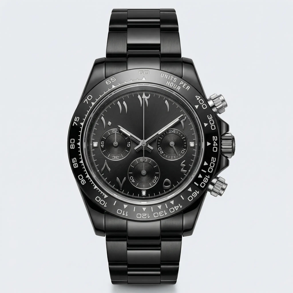 Detailed front view of a sleek watch with a black Arabic dial, a modern minimalist watch.