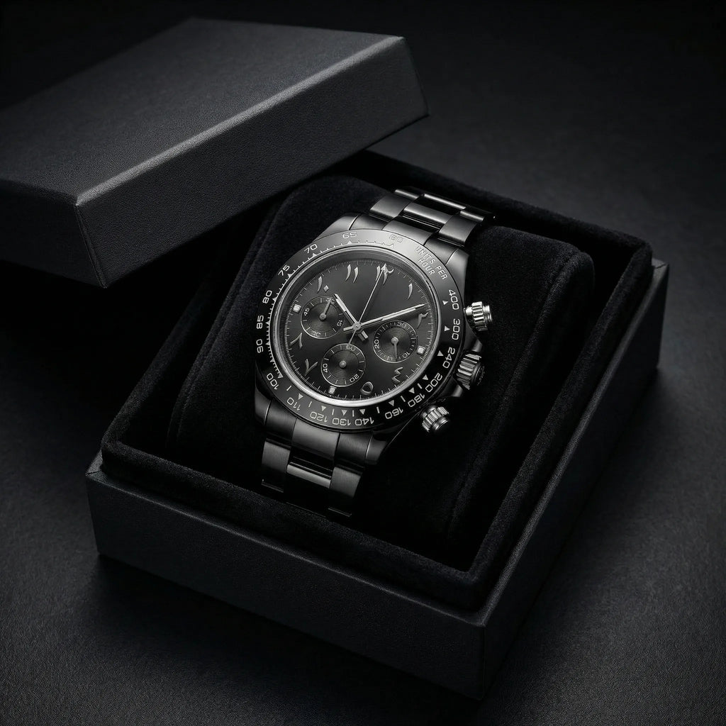 Man wearing a sleek watch with a black Arabic dial on his wrist, showcasing a refined professional look.
