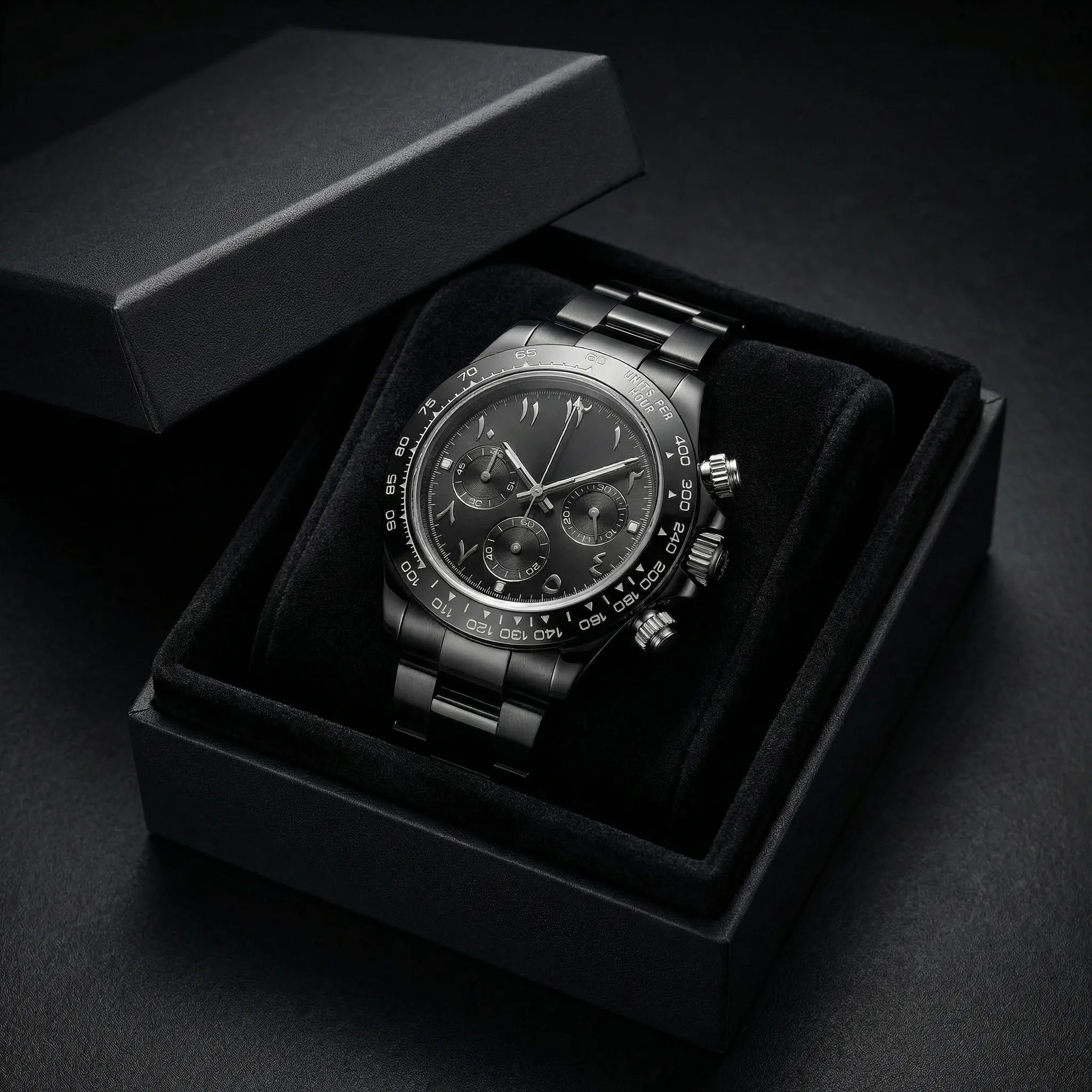 Man wearing a sleek watch with a black Arabic dial on his wrist, showcasing a refined professional look.