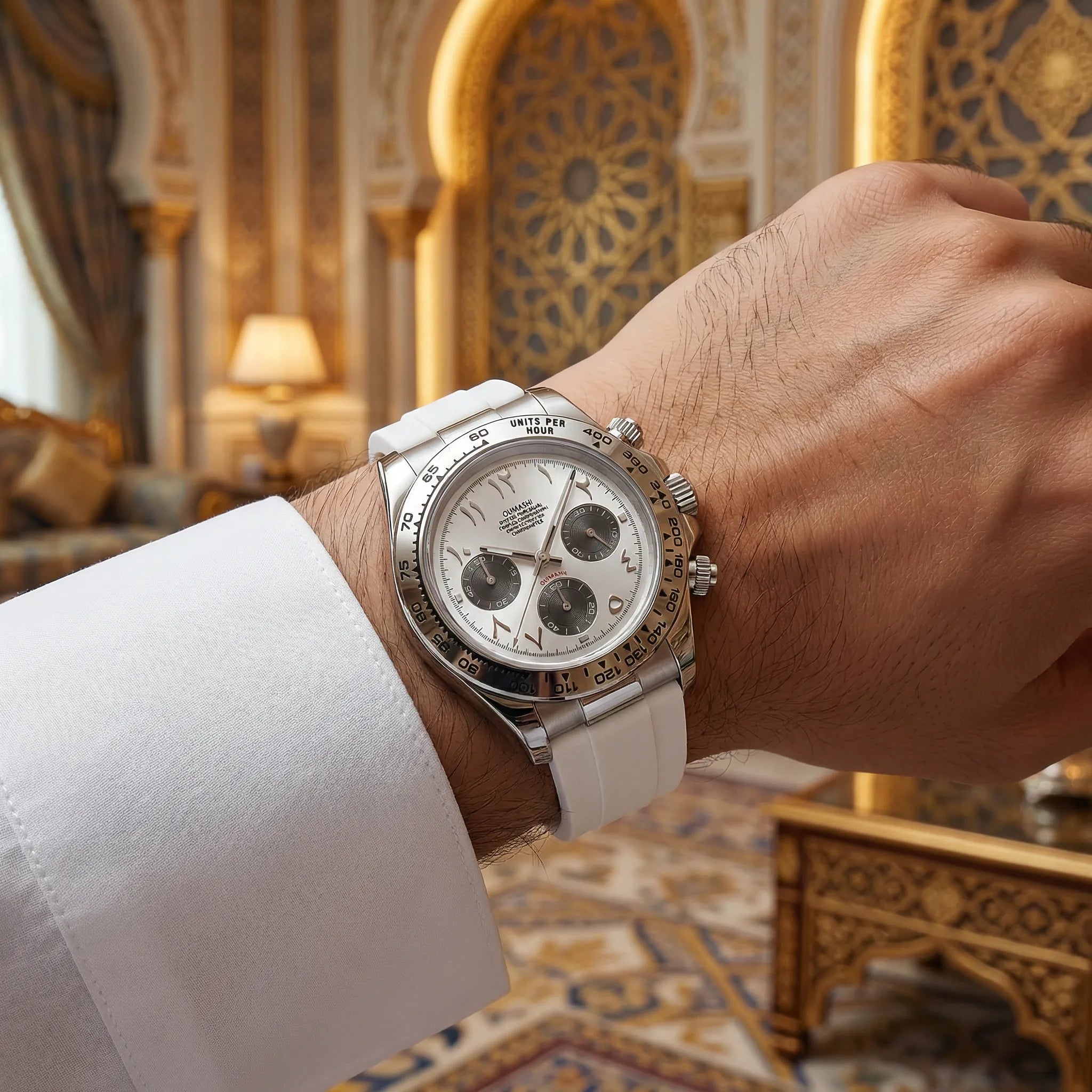Premium sleek silver watch with a white dial presented elegantly, a standout piece for men.