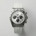 Detailed front view of a sleek silver watch with a white Arabic dial, a modern minimalist watch.