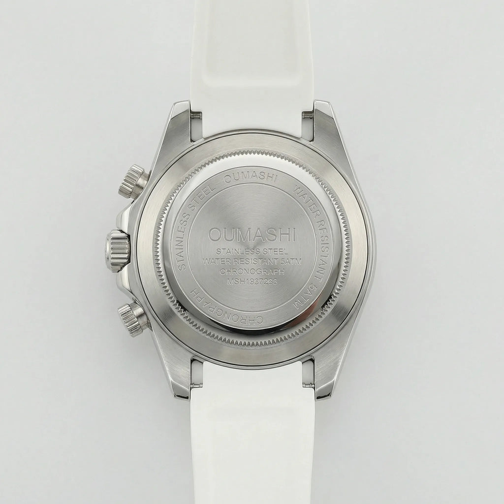 Side profile highlighting the durable case of a sleek silver watch with a white Arabic dial.