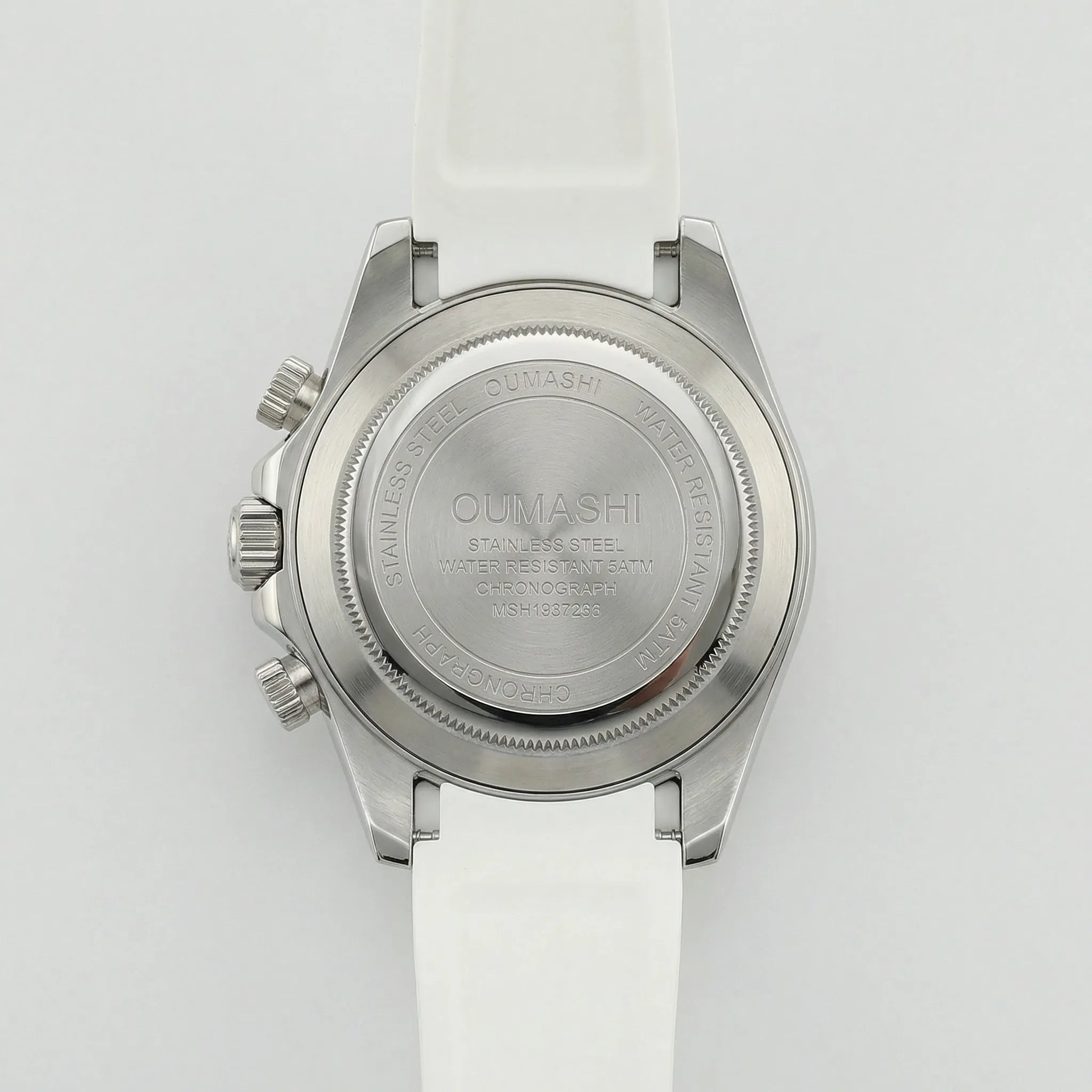 Side profile highlighting the durable case of a sleek silver watch with a white Arabic dial.