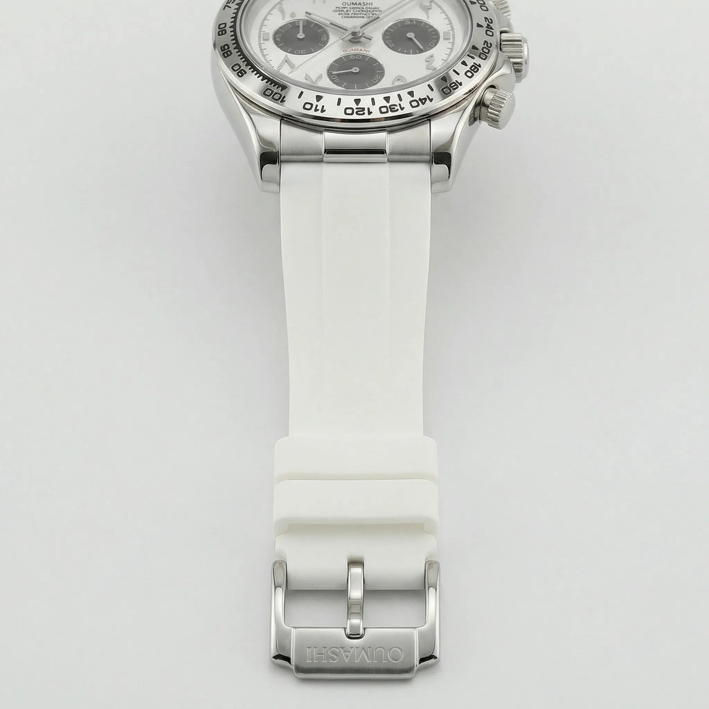 Detailed look at the integrated stainless steel band on a sleek silver watch.