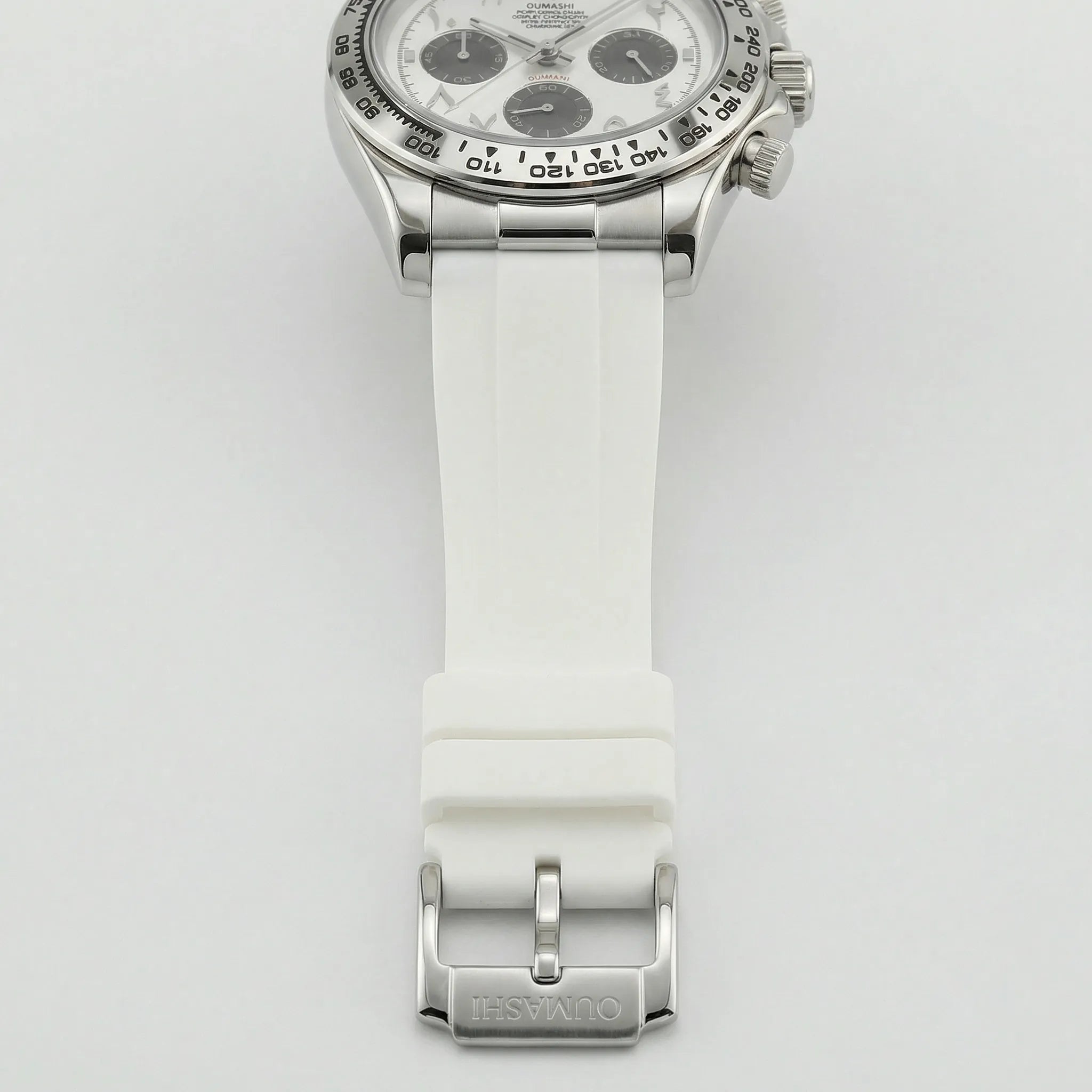 Detailed look at the integrated stainless steel band on a sleek silver watch.