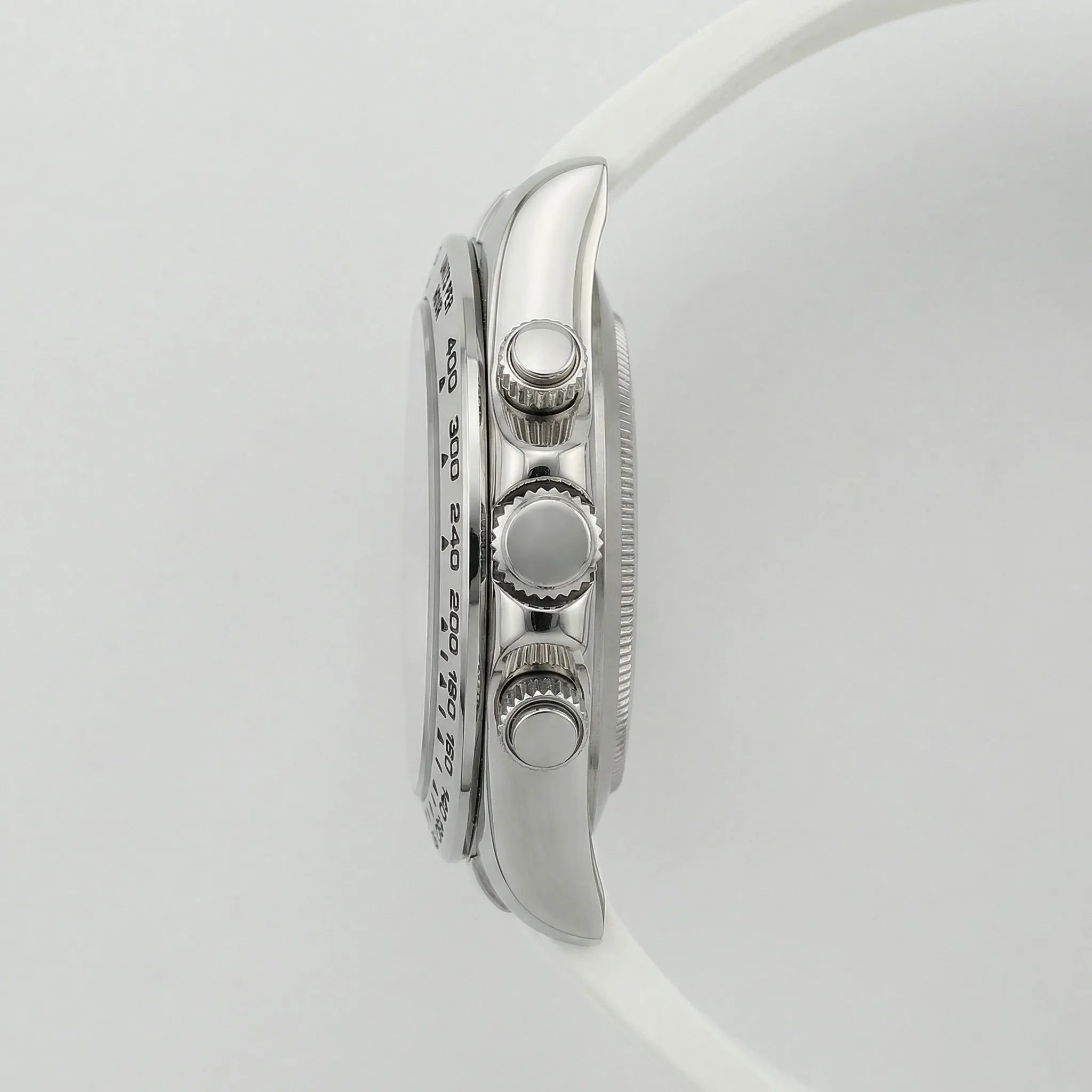 Close-up of the crisp white Arabic dial on a modern silver watch, an elegant analog watch.