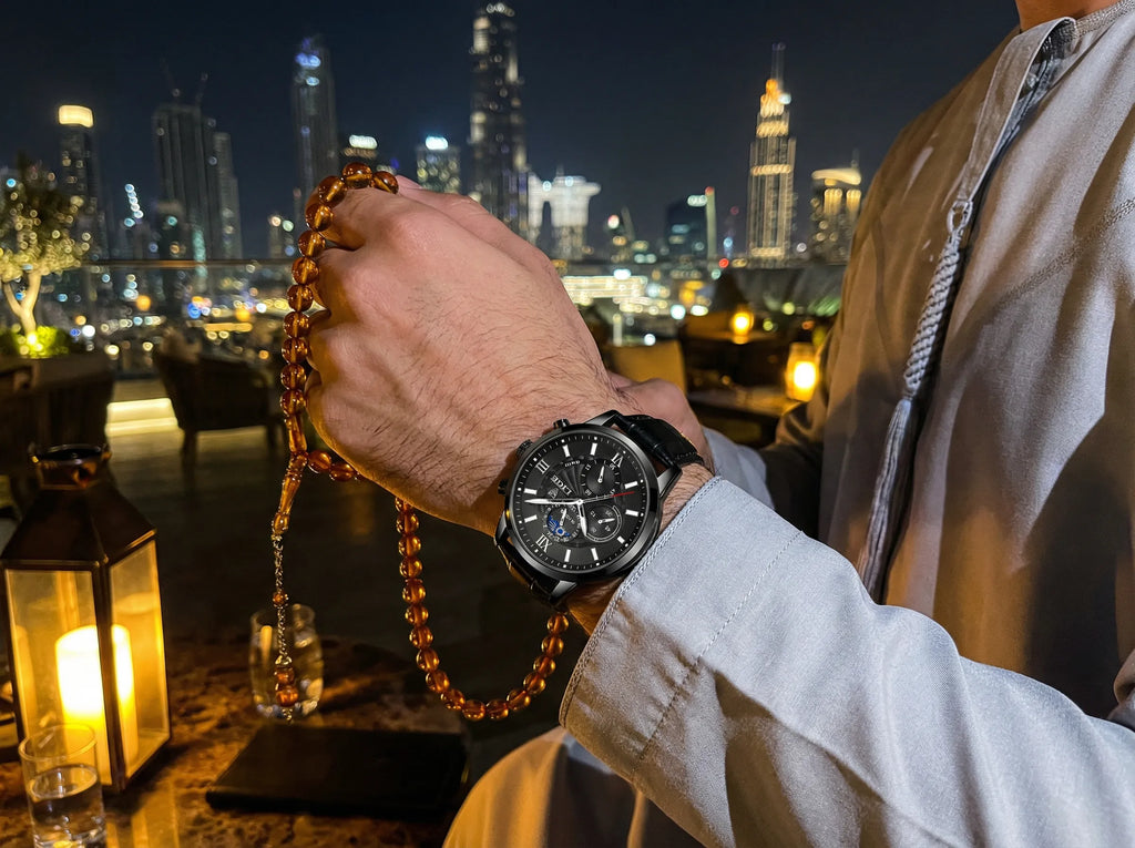 Man wearing a classic casual watch with a black leather band on his wrist, a stylish everyday accessory.
