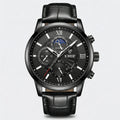 Detailed front view of a casual watch with a premium black leather band, a versatile dress watch for men.