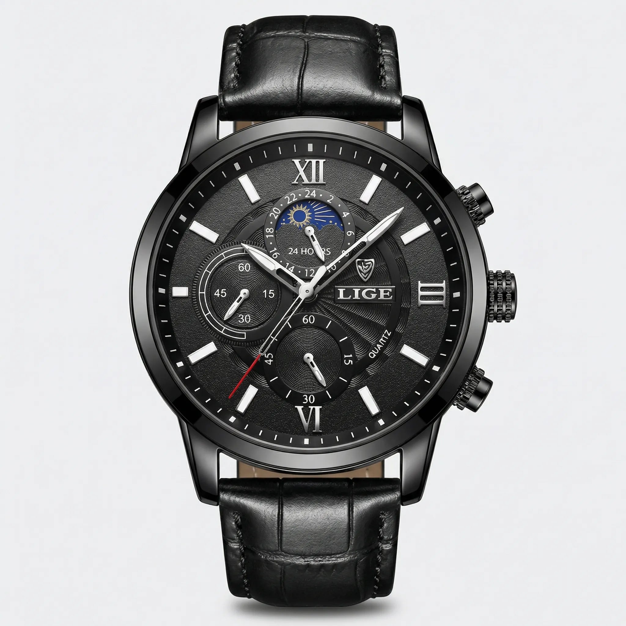 Detailed front view of a casual watch with a premium black leather band, a versatile dress watch for men.