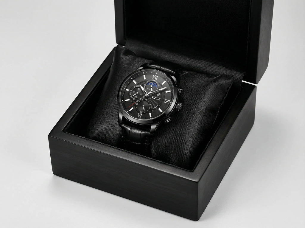 Front view of a minimalist casual watch, a highly reliable black watch for men.