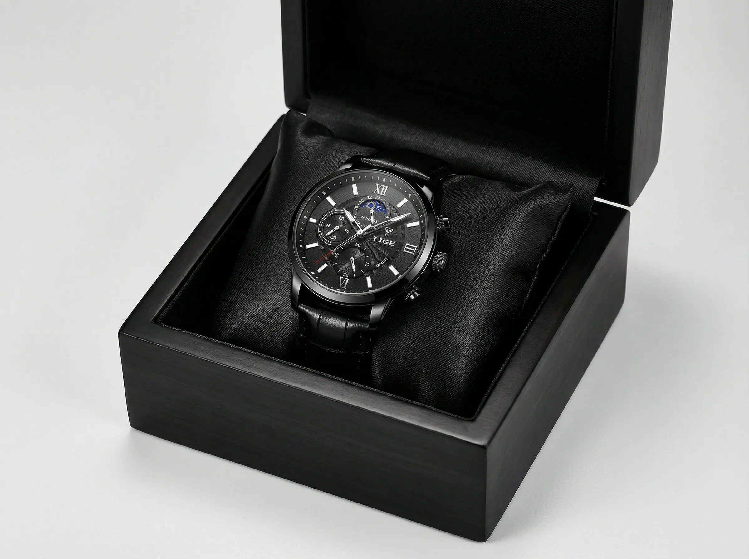 Front view of a minimalist casual watch, a highly reliable black watch for men.