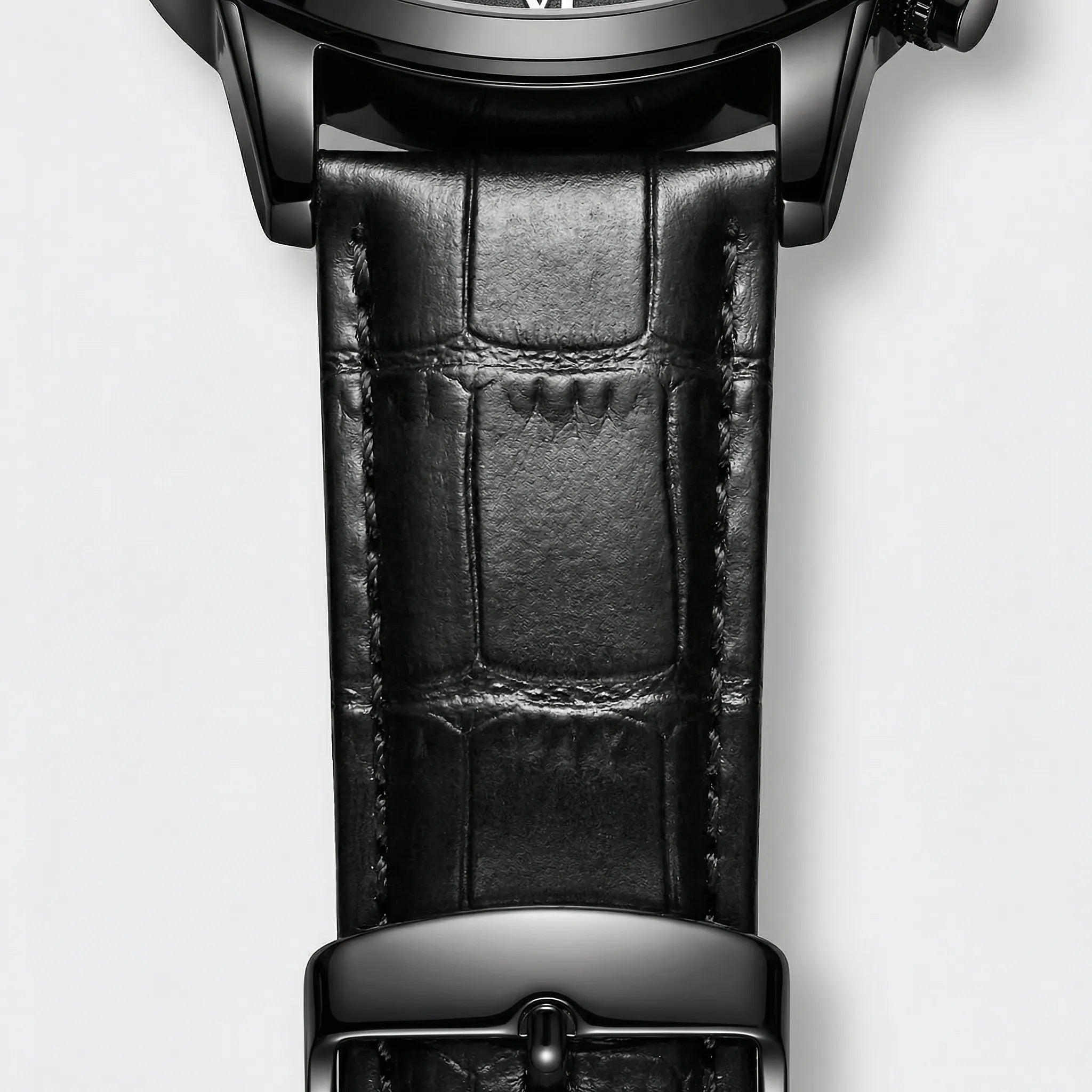 Classic straight-on view of a casual watch with a black leather band, a timeless accessory.