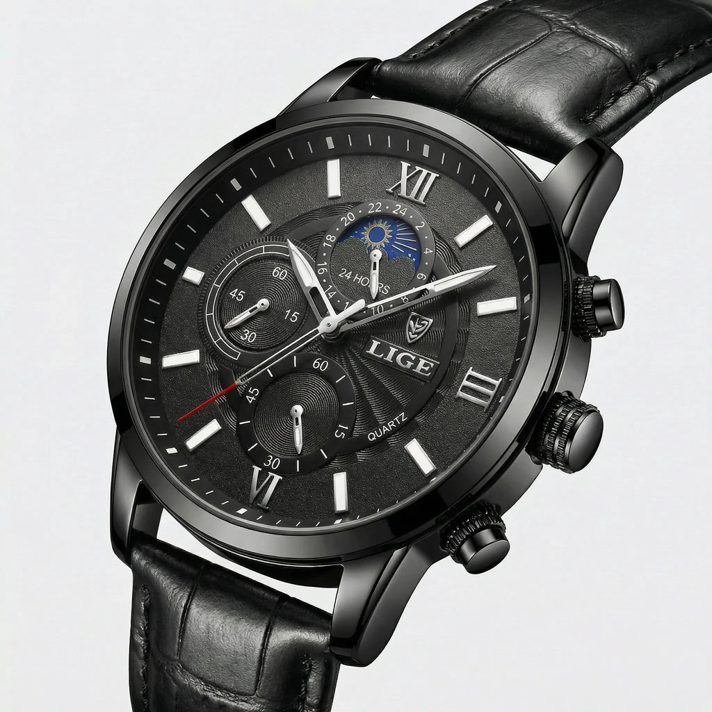 Close-up of the classic dial on a casual black leather strap watch, highlighting its precision movement.