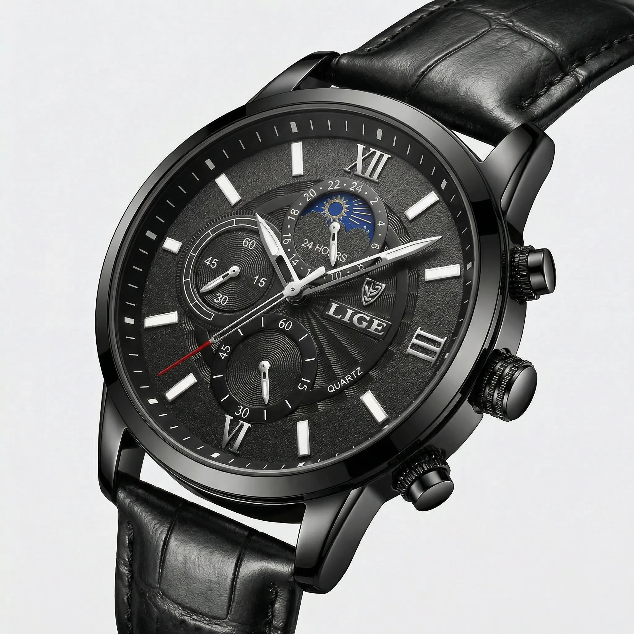 Close-up of the classic dial on a casual black leather strap watch, highlighting its precision movement.