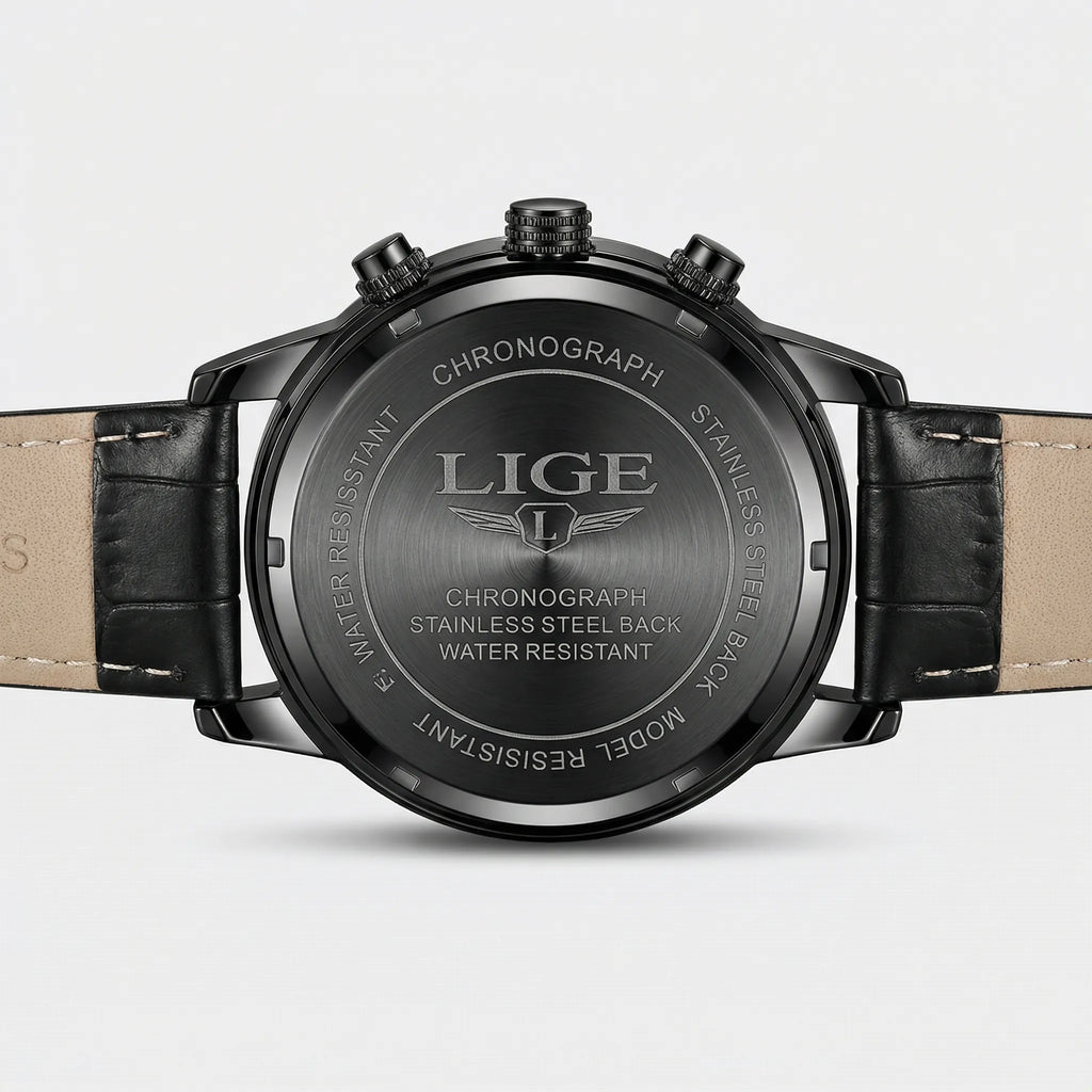 Detailed view of the premium black leather band on a classic casual watch.
