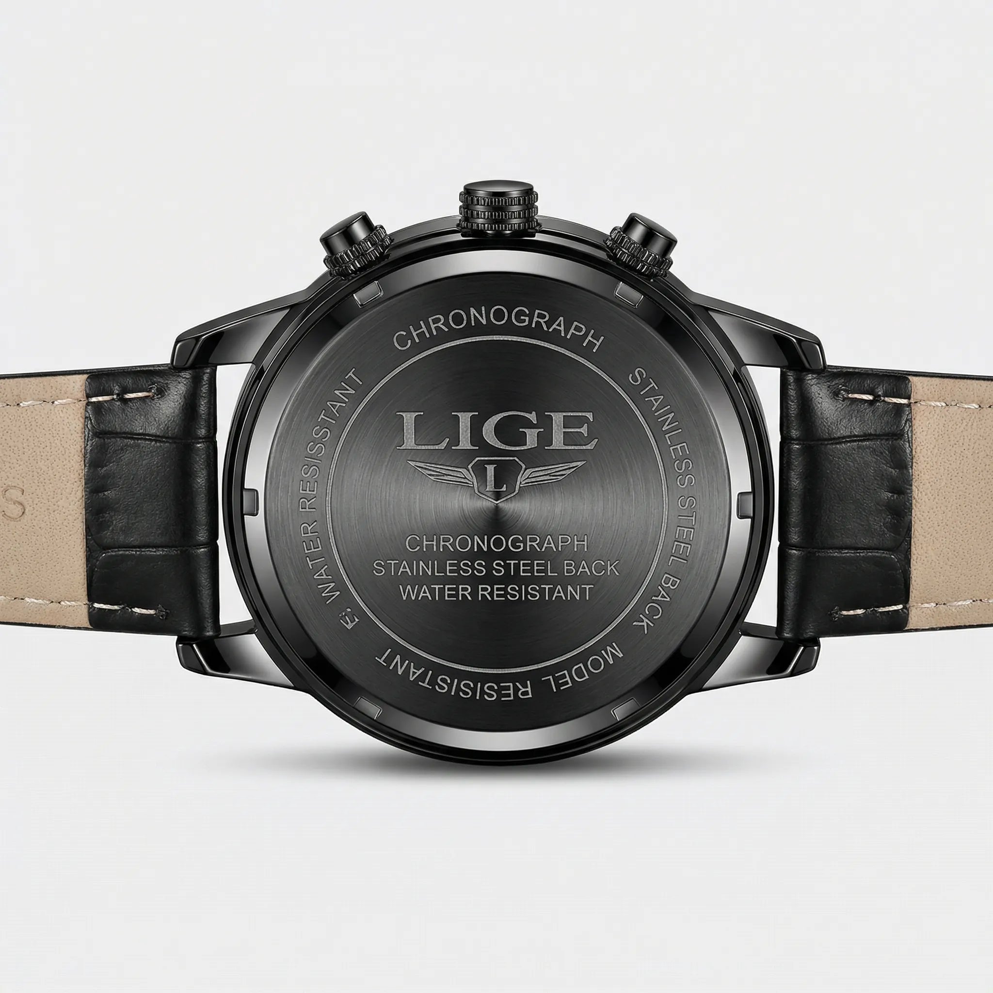 Detailed view of the premium black leather band on a classic casual watch.