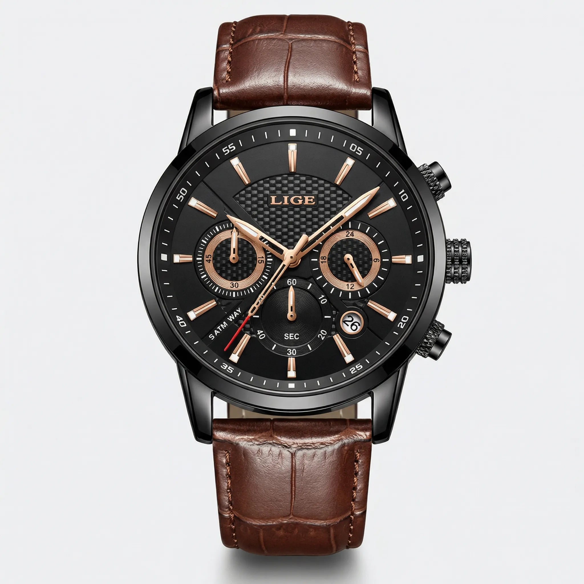 Detailed front view of a casual watch with a premium leather band, a highly stylish watch for men.
