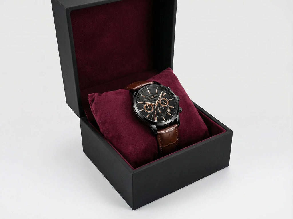 Man wearing a classic casual watch with a leather band on his wrist, a comfortable everyday accessory.