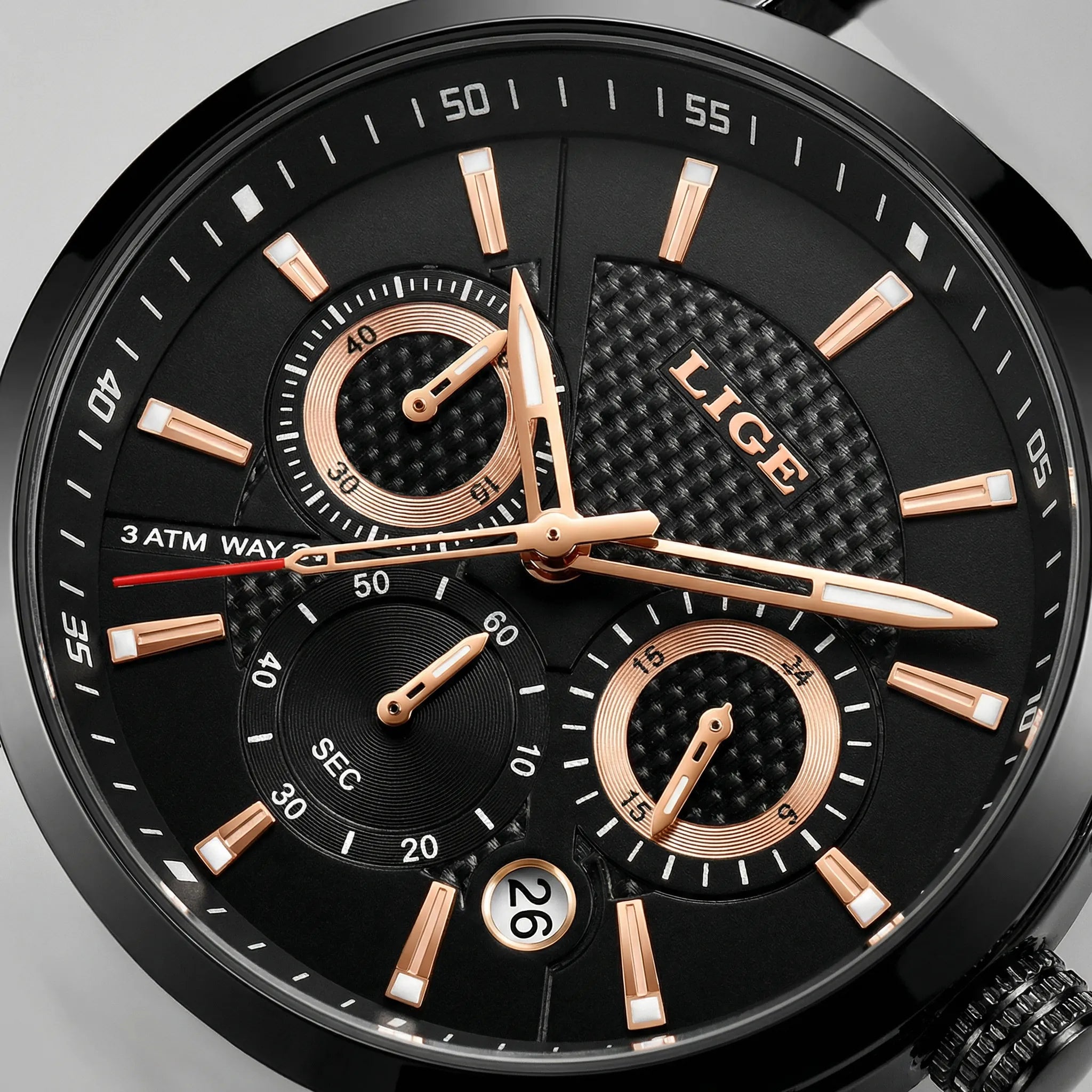Close-up of the classic dial on a casual leather strap watch, highlighting its elegant layout.