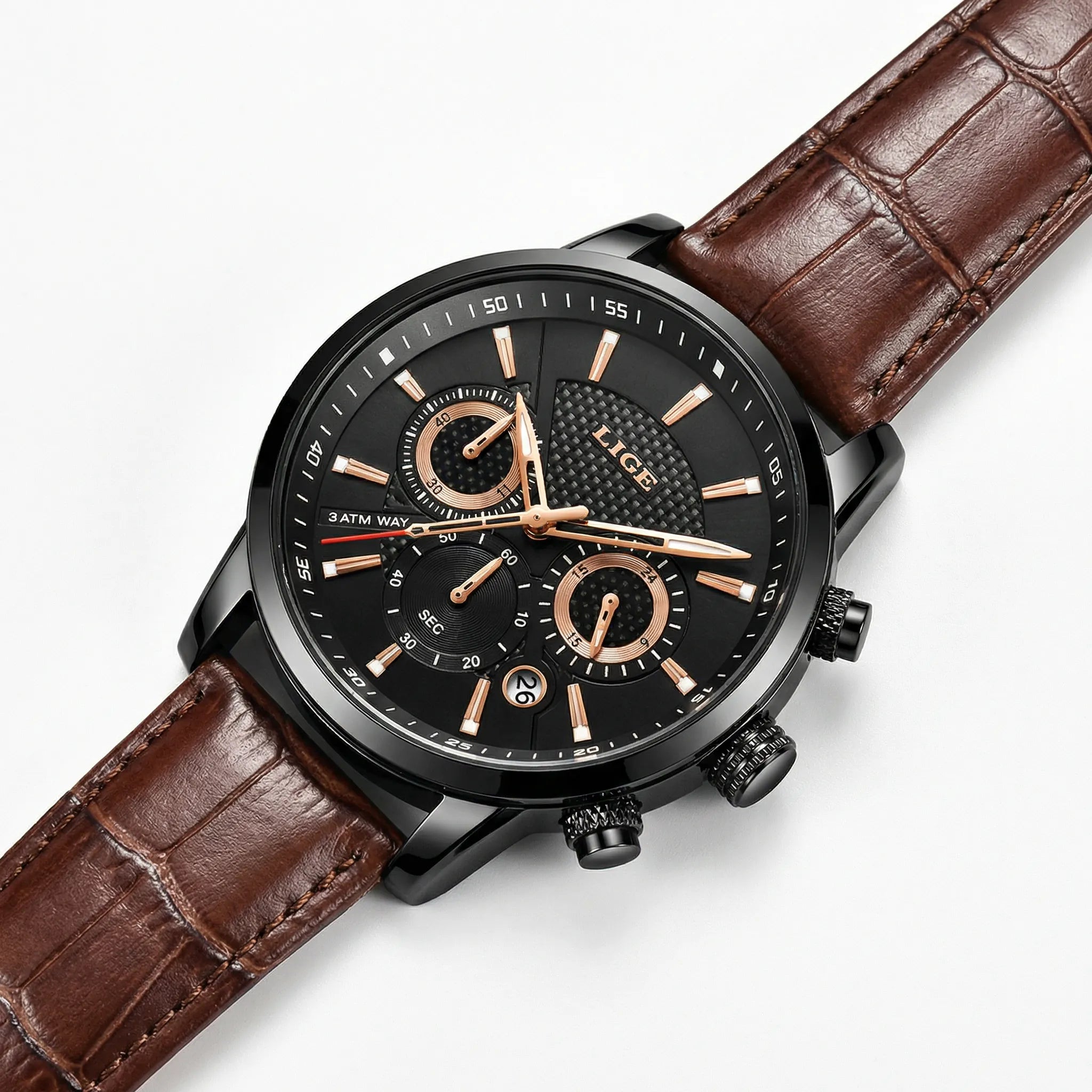 Classic straight-on view of a casual watch with a leather band, a reliable analog watch.