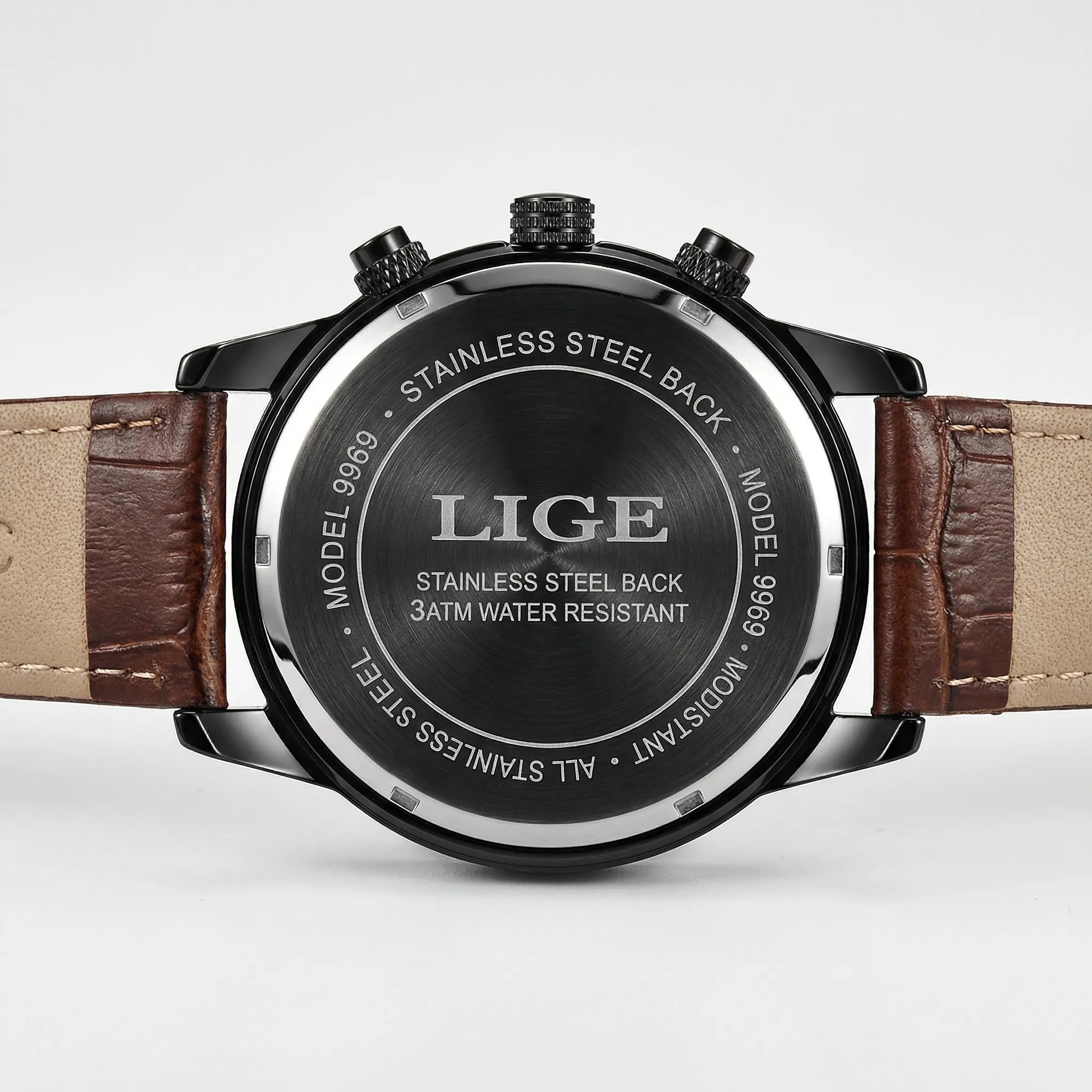 Detailed look at the premium leather strap on a classic casual watch.